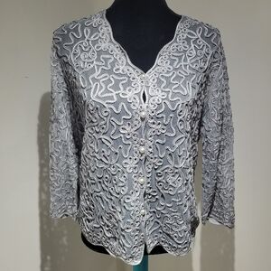 MarViv Women's Vintage Sheer Lace Pearl Button Cardigan Medium Gray Fairycore